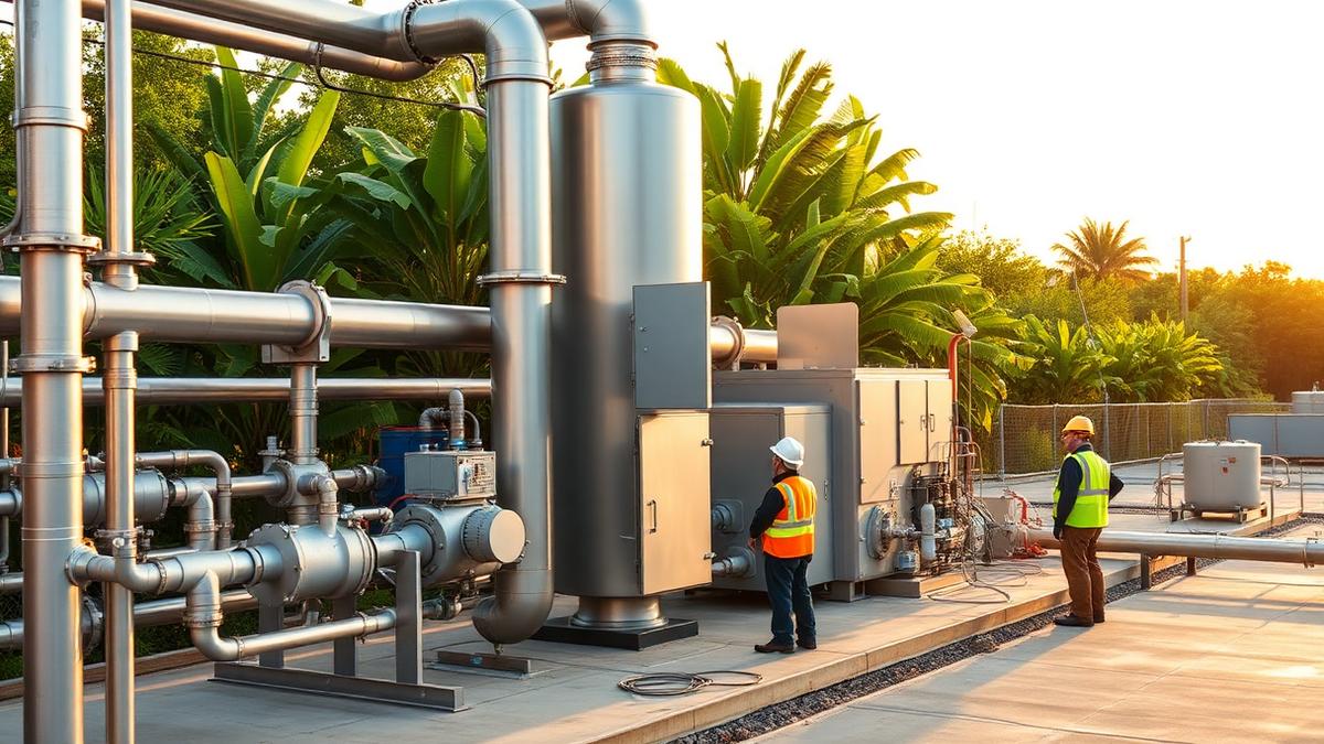 Industrial biogas system installation on the Gulf Coast with steel piping, gas conditioning skids, and workers in safety gear