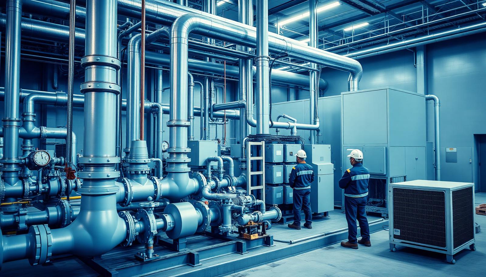 Mechanical contractors installing a chilled water plant and coolant distribution equipment for a data center