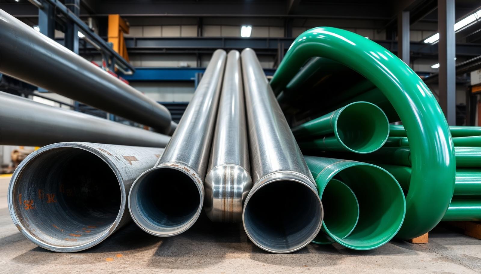 Carbon steel, stainless steel, and green PP-R fusion pipe staged in a fabrication shop