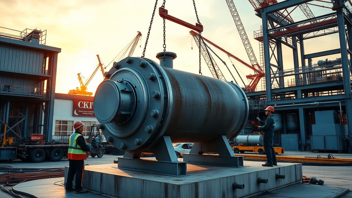Heavy equipment installation at an industrial fabrication facility with workers using precision rigging to position a large steel pressure vessel