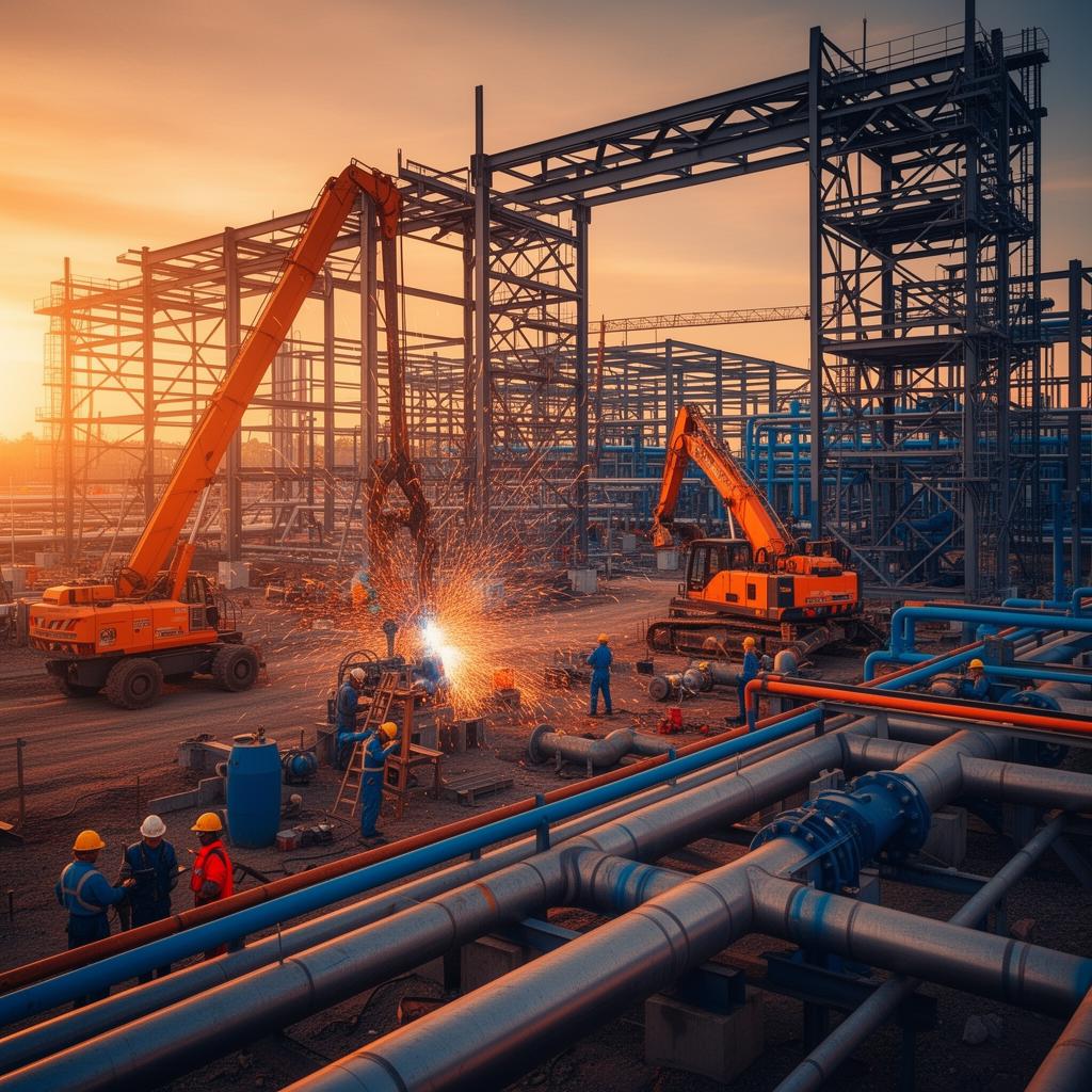 Industrial engineering and fabrication site with steel structures, pipelines, and workers during golden hour