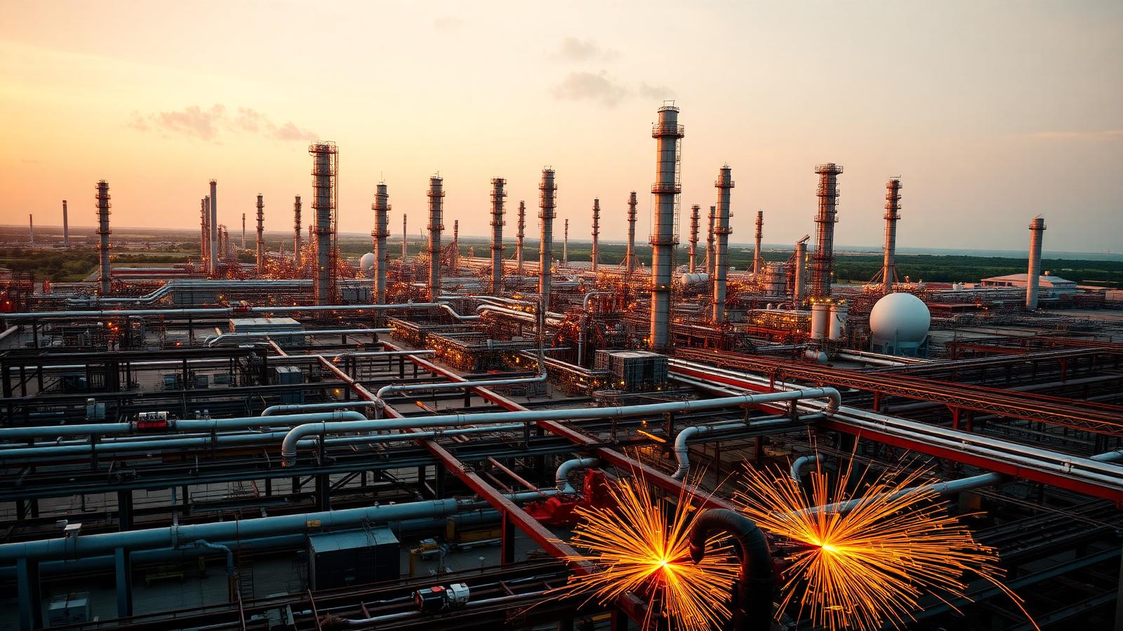 Sprawling Gulf Coast energy infrastructure at golden hour with refinery towers, pipelines, and an active fabrication shop in the foreground