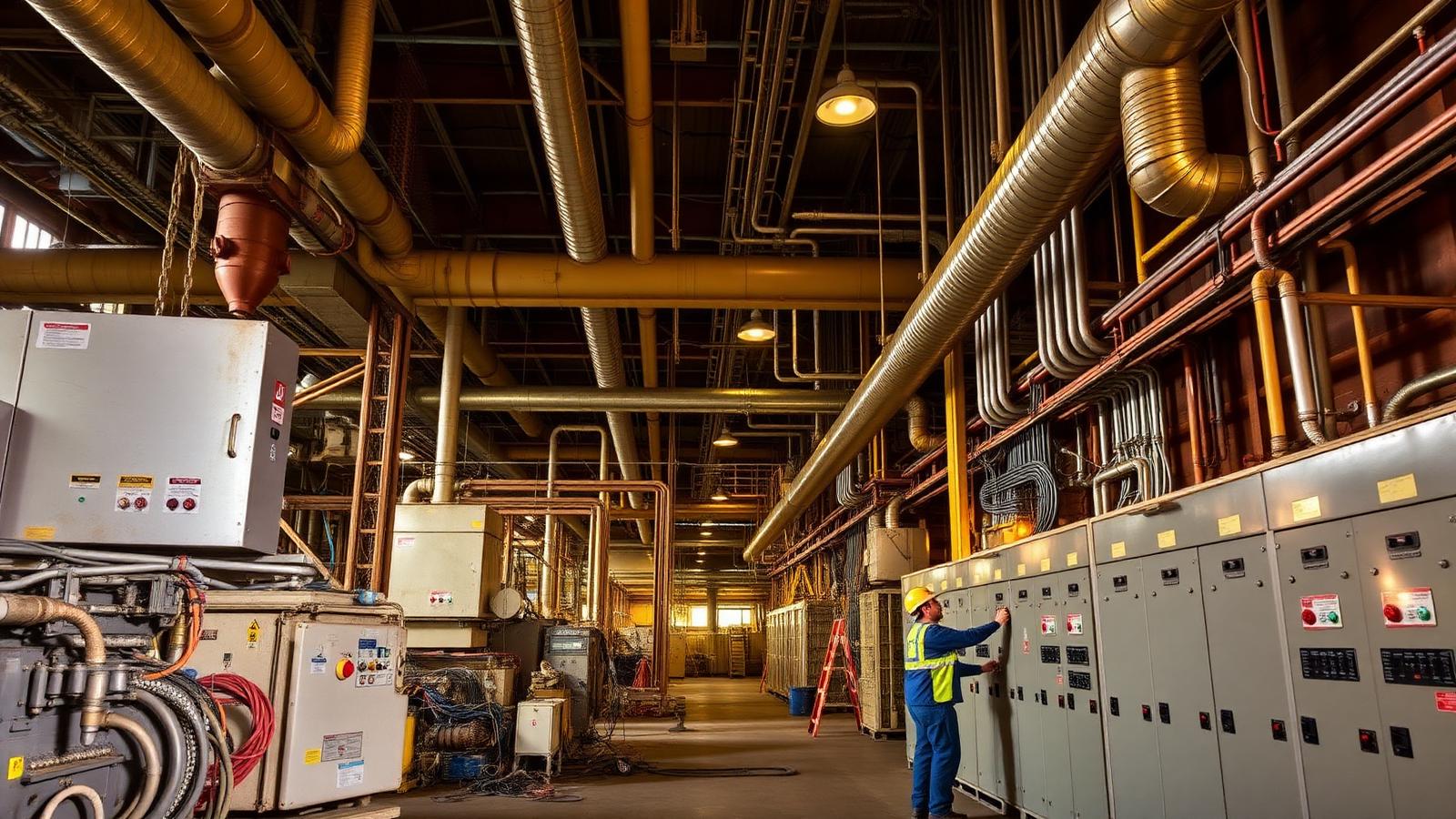 Interior of a Gulf Coast industrial plant being modernized with legacy mechanical systems and new automation control panels