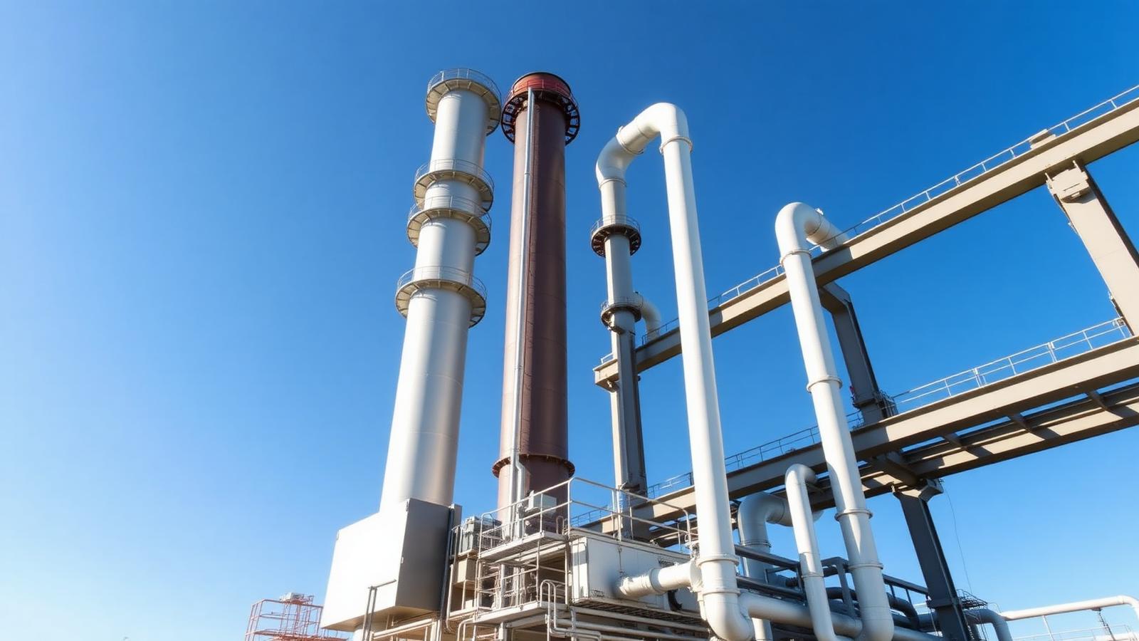 Industrial Thermal Oxidizer stacks with insulated piping at a Gulf Coast petrochemical facility under a clear blue sky