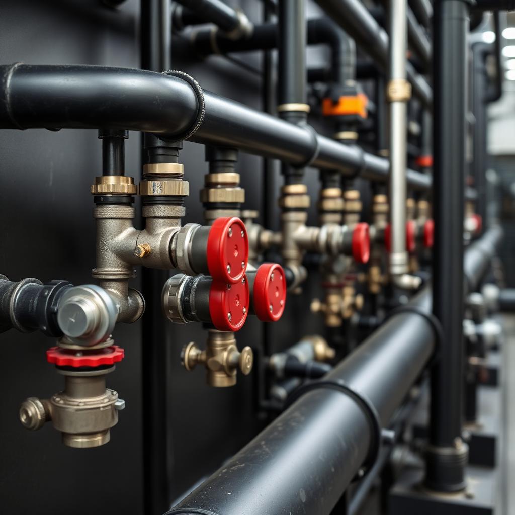 Industrial gas train piping with safety shutoff valves and burner management components on a thermal oxidizer fuel skid