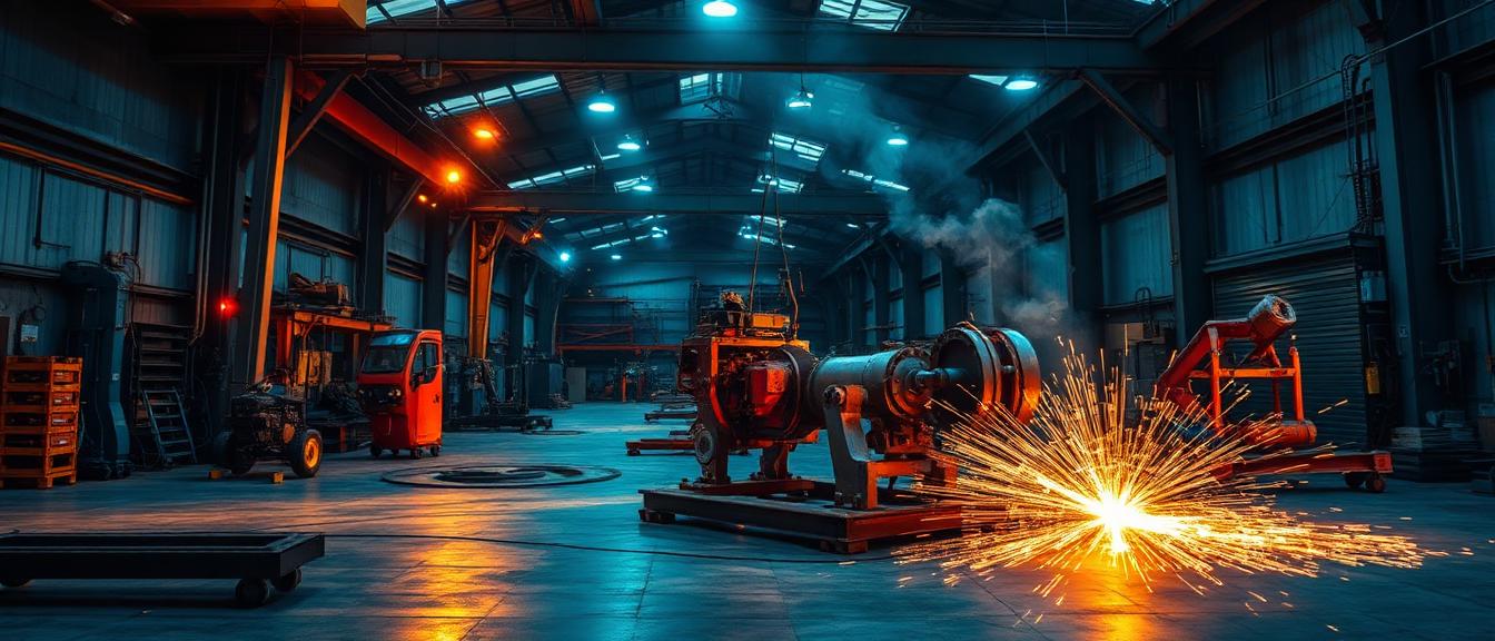 Industrial engineering and fabrication company workshop with steel equipment assembly and welding