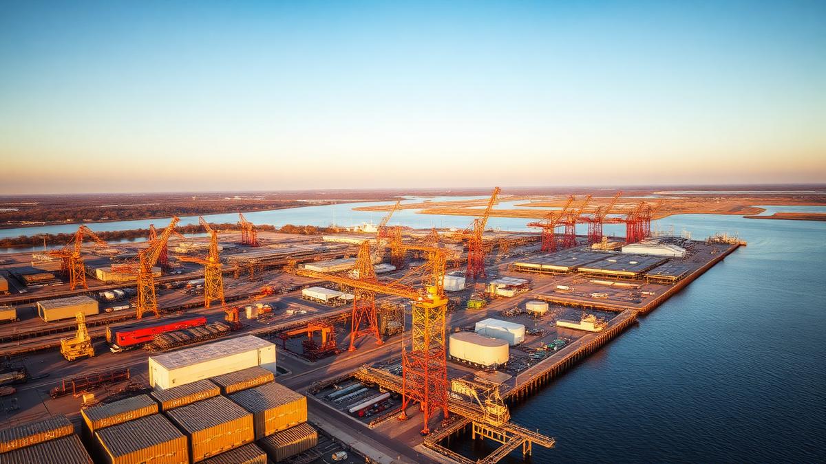 Aerial view of Gulf Coast industrial facility near Mobile Alabama with deep-water port, cranes, fabrication yards, and energy infrastructure at golden hour