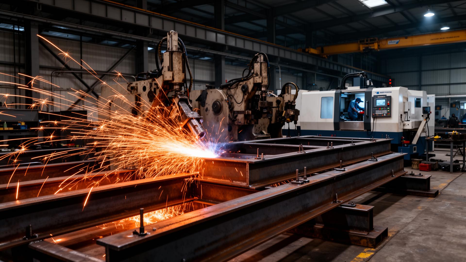 Industrial fabrication workshop with CNC machinery and steel welding sparks