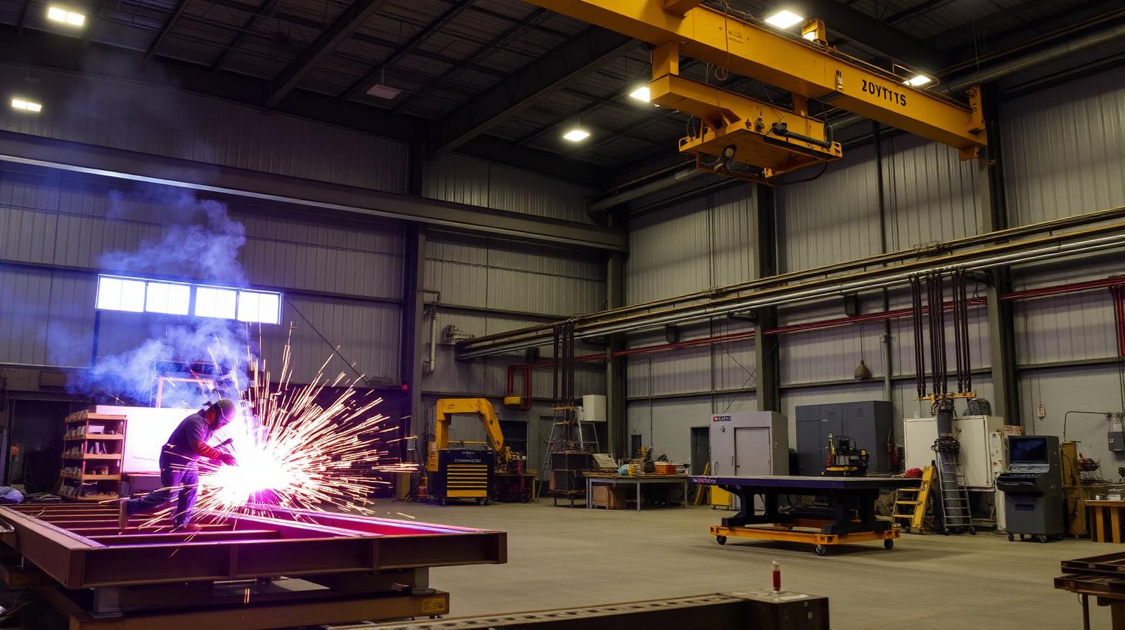 Industrial fabrication shop in Mobile, Alabama with welder working on structural steel beams under an overhead crane