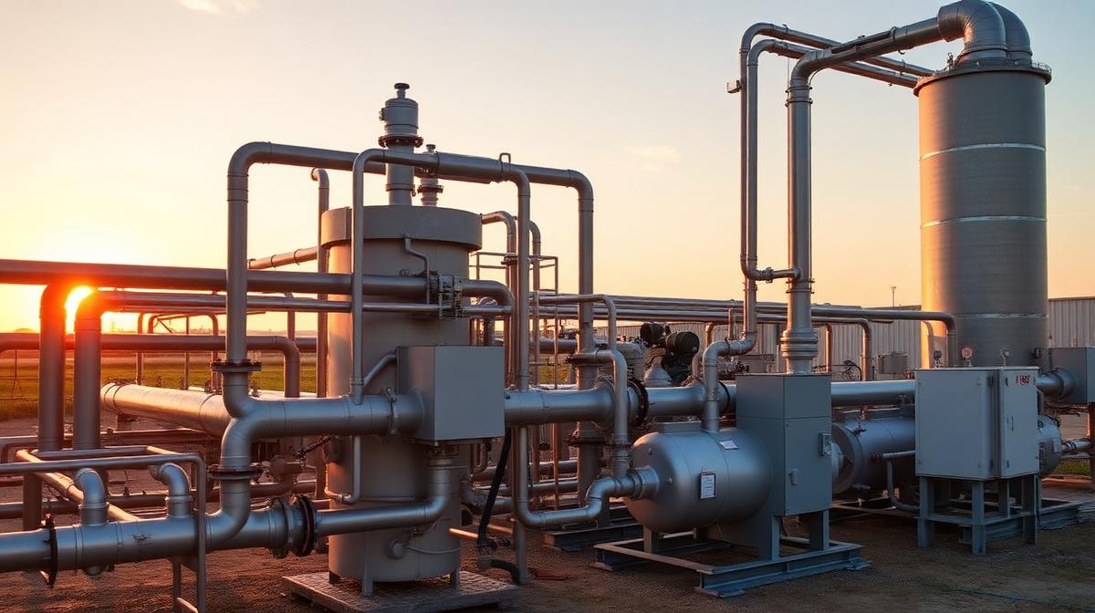 Industrial biogas processing facility with mechanical piping systems and electrical infrastructure at sunset