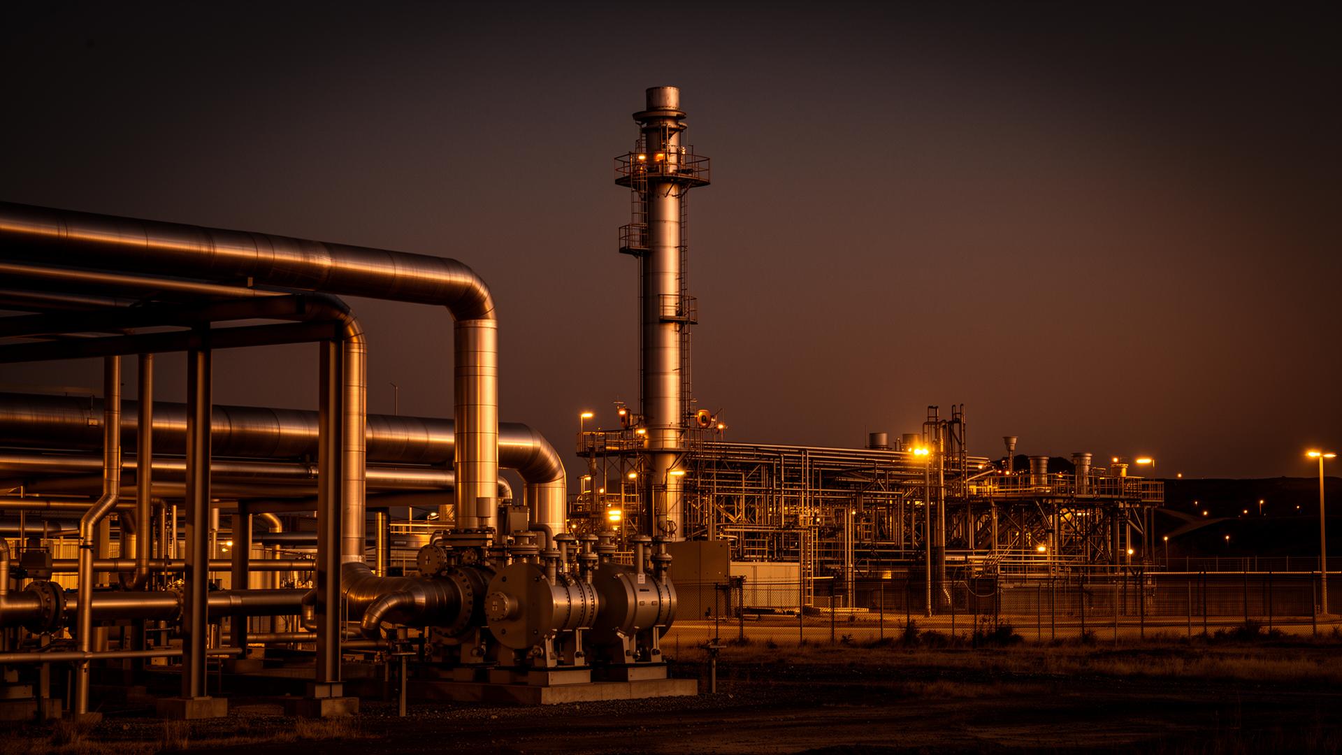 Landfill emissions control infrastructure and industrial engineering systems at dusk