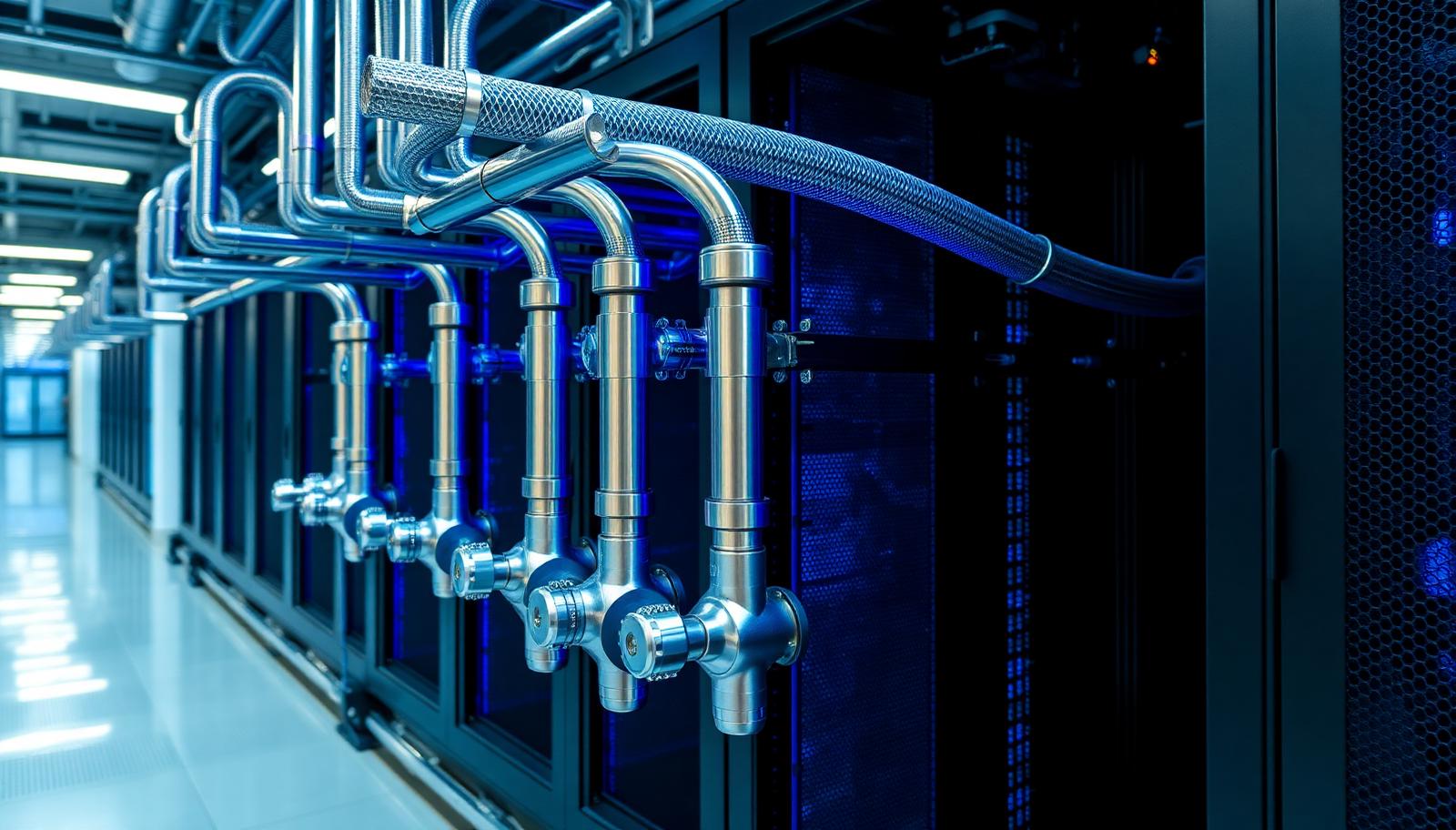 Stainless liquid cooling manifolds and coolant lines feeding server racks in an AI data hall