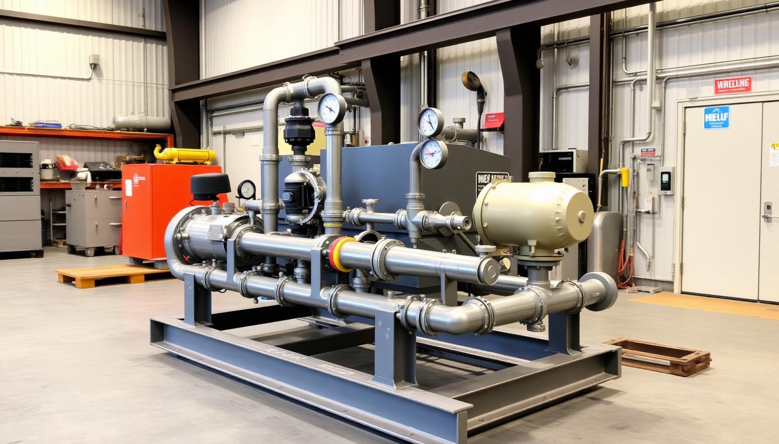 Prefabricated pump skid with welded pipe spools and valves on a steel frame in a fabrication shop