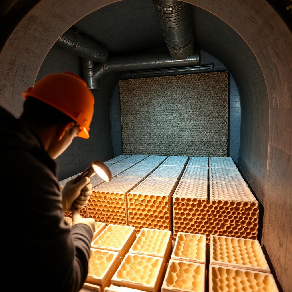 Technician inspecting ceramic honeycomb media beds inside a regenerative thermal oxidizer during a planned maintenance outage
