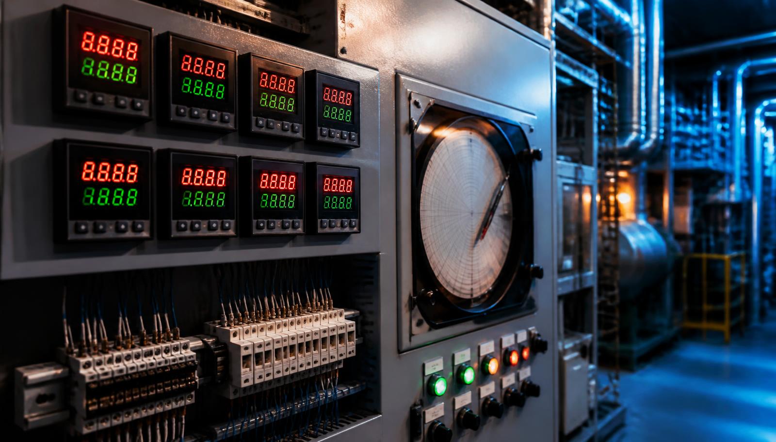 Industrial RTO control panel with digital temperature controllers and a circular chart recorder in a plant electrical room